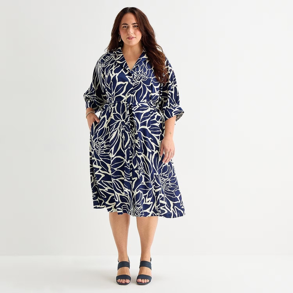 MSRP $89 52Seven 1X Navy Ivory Midi V Neck 3/4 Sleeve Cuffed Abstract Dress